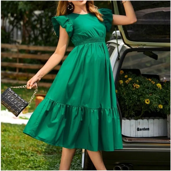 Maternity Green Ruffle Sleeve Ruffle Dress - Picture 3 of 4
